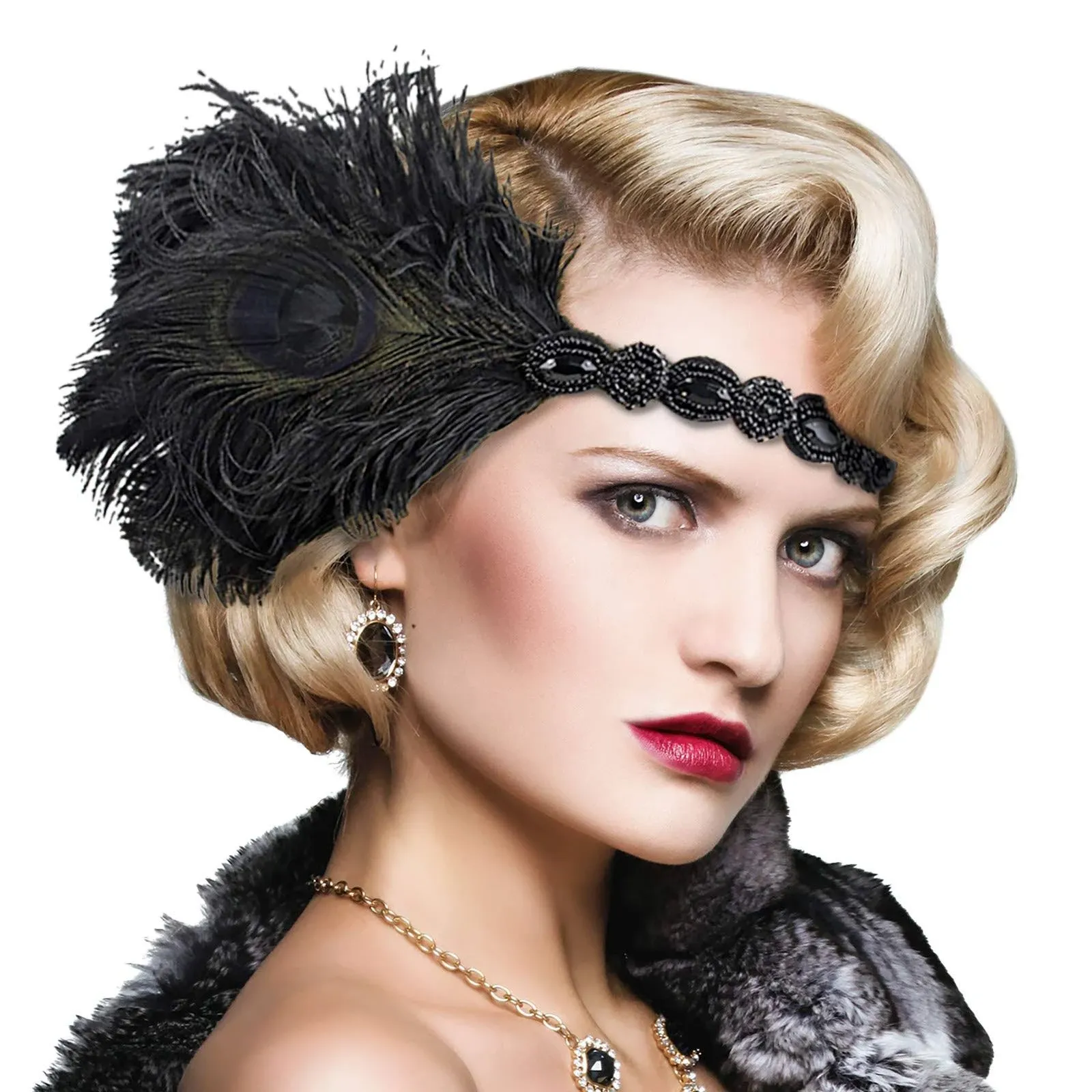 1920s Flapper Headbands Great Gatsby Rhinestone Headpiece with Peacock Feather Jewel Hair Accessories