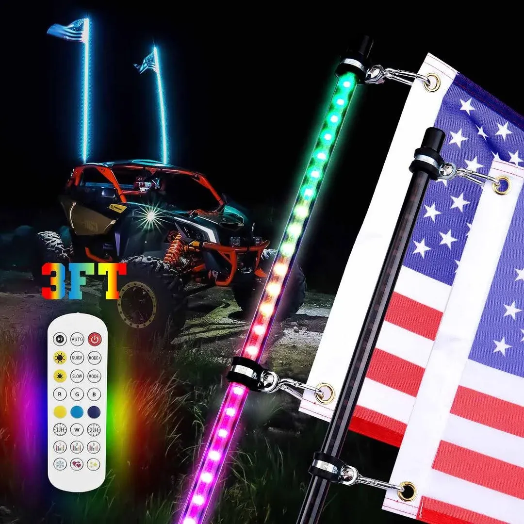 360° 3ft Spiral LED UTV Whip Lights, App & RF Remote Control - KEMIMOTO