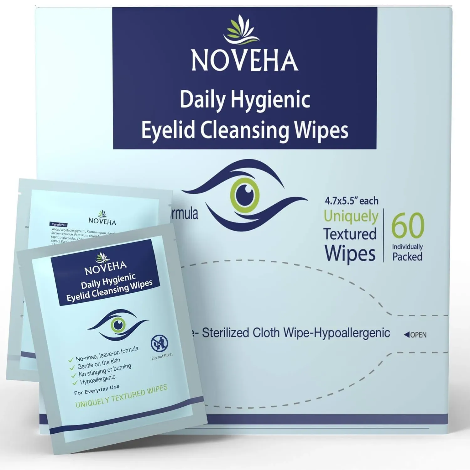 NOVEHA Daily Hygienic Eyelid & Lash Wipes 120 Individually Wrapped Cleansing Eyelash Wipes For Blepharitis & Itchy E