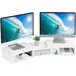 TEAMIX White Dual Monitor Stand Riser with Drawer - Length and Angle Adjustable Double Monitor Riser Corner Desk Shelf Organizer 37 inch Long Monitor Riser for 2 Monitors/Laptop/PC/Screen/TV