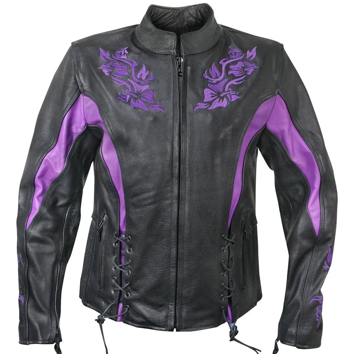 Xelement Xs2027 Ladies 'Gemma' Black And Purple Leather Embroidered Jacket With X ...