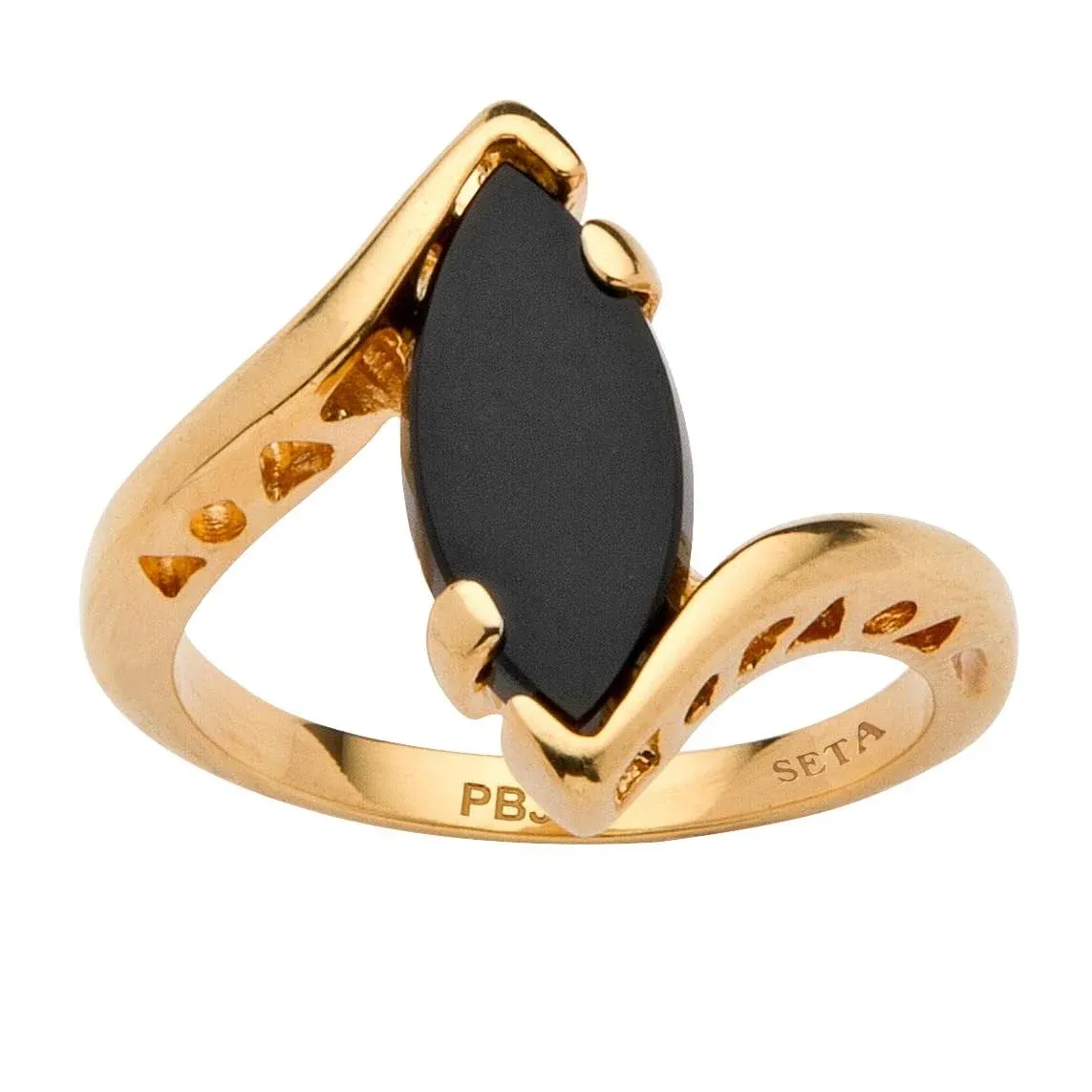 PalmBeach Jewelry 18K Yellow Gold Plated or Sterling Silver Marquise Shaped Natural Black Onyx Bypass Ring