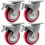 4 Pack 6&#034; Heavy Duty Caster Wheel Swivel Plate Maroon PU With Brake Wheels