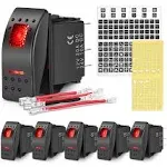 Nilight 6 Pack Rocker Switches with Night Glow Stickers 5 Pin SPST Rocker Switches with Red Backlit 12V/24V Toggle Switches for Cars Trucks RVs