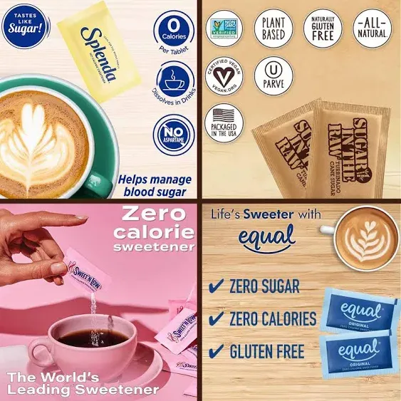 Sugar Packets for Coffee - 650-Pack Individual Sugar and Sweetener Assortment Packets: Splenda, Raw Turbinado Sugar, Equal, Sweet Low, Cane Sugar