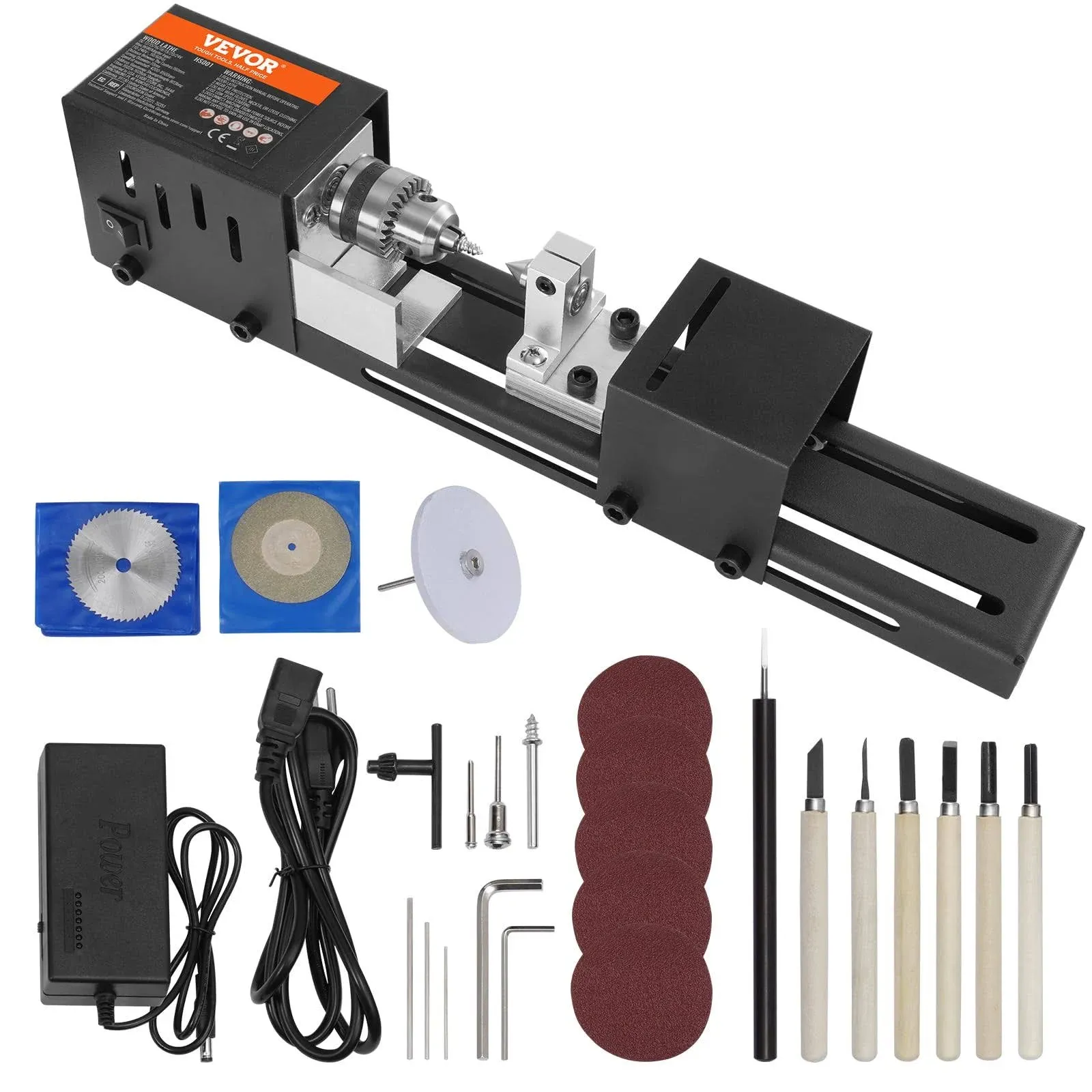 VEVOR Mini Lathe Machine 24V 96W Mini Wood Lathe Tools 2.76 in x 6.3 in 7 Speeds