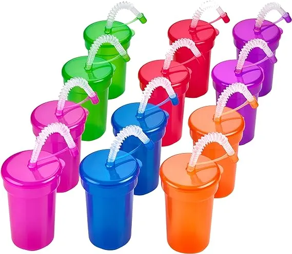 Neon Sipper Cups - 6 Oz. - Colorful, Spill-Proof Cups with Lids and Straws - Ideal for School Events, Themed Parties, and Birthday Celebrations - Party Supplies | 12 Pack