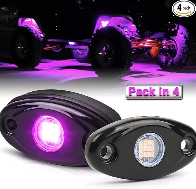 LED Rock Lights, 4 Pods Purple Pink Neon Underglow Light Kits Waterproof...