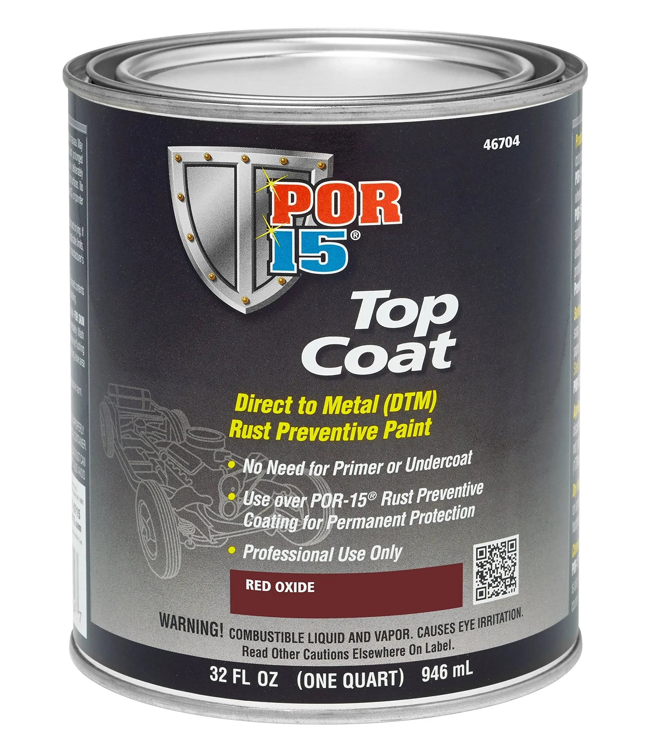 POR-15 46704 Top Coat DTM Paint, 1 qt Can, Red Oxide, Liquid, 30 to 60 min Curing