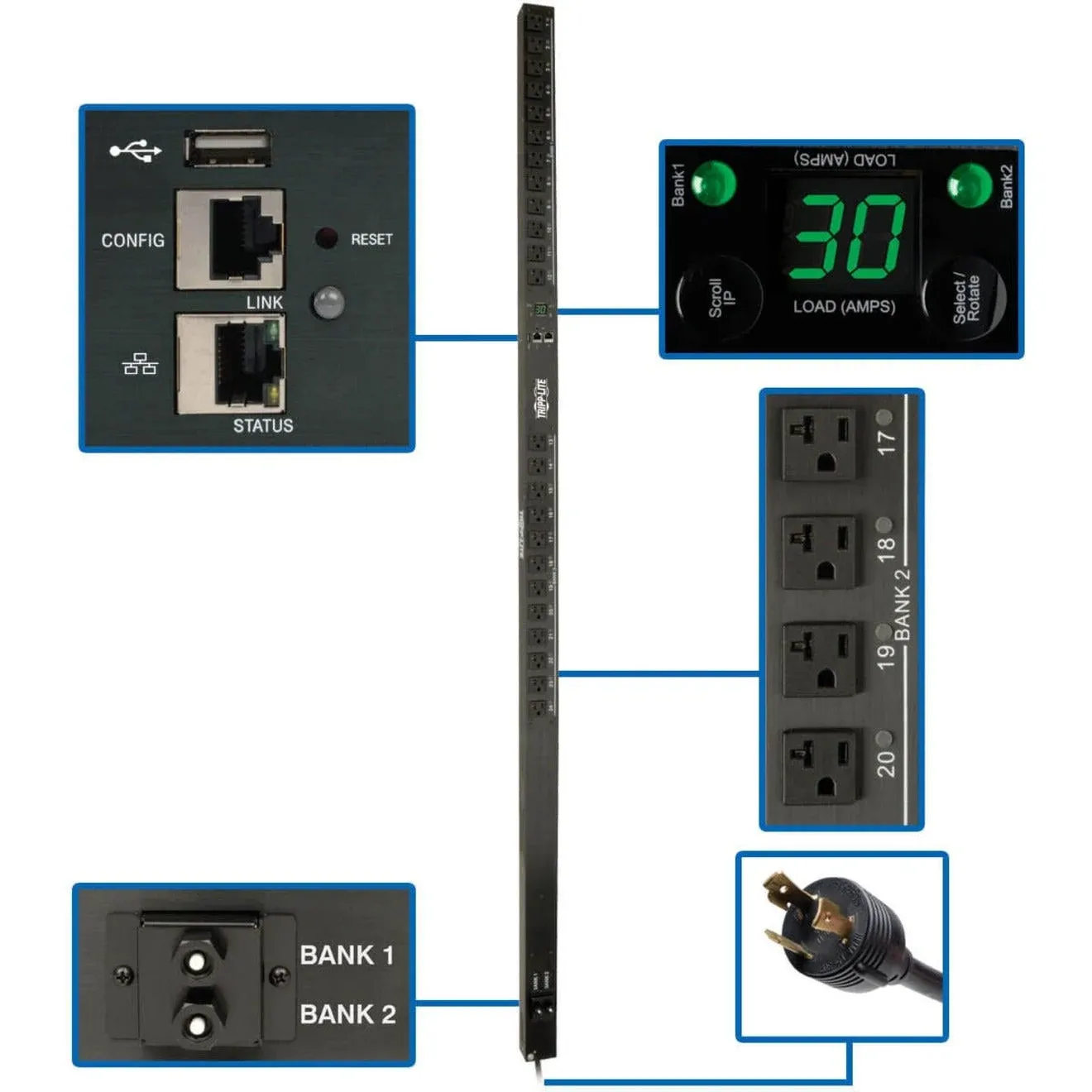 Tripp Lite PDU Switched 2.9kW 120V 24 5-15/20R 30A L5-30P LX Platform Interface Vertical 0URM Rack-Mount TAA (PDUMV30NETLX)