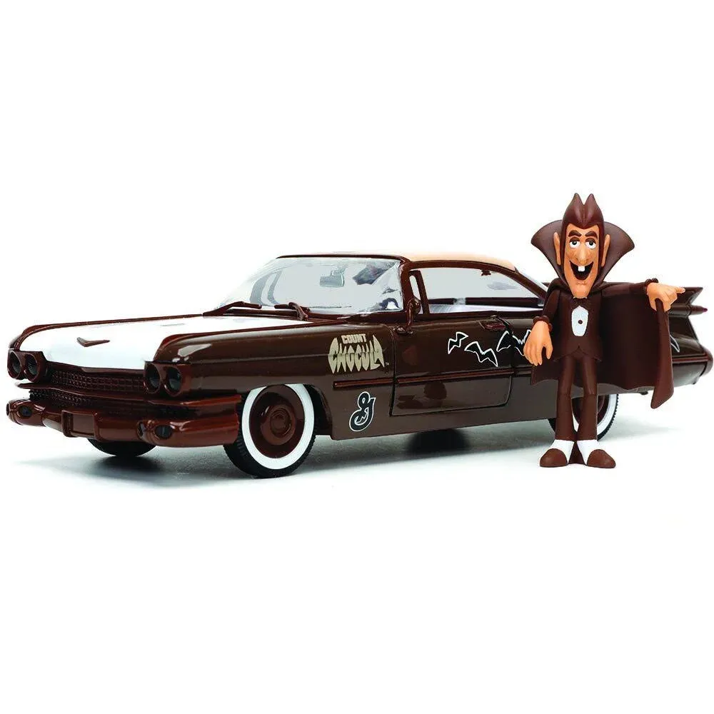 1959 Cadillac Coupe DeVille Brown and White with Graphics and Count Chocula Diecast Figurine "Hollywood Rides" Series 1/24 Diecast Model Car by Jada