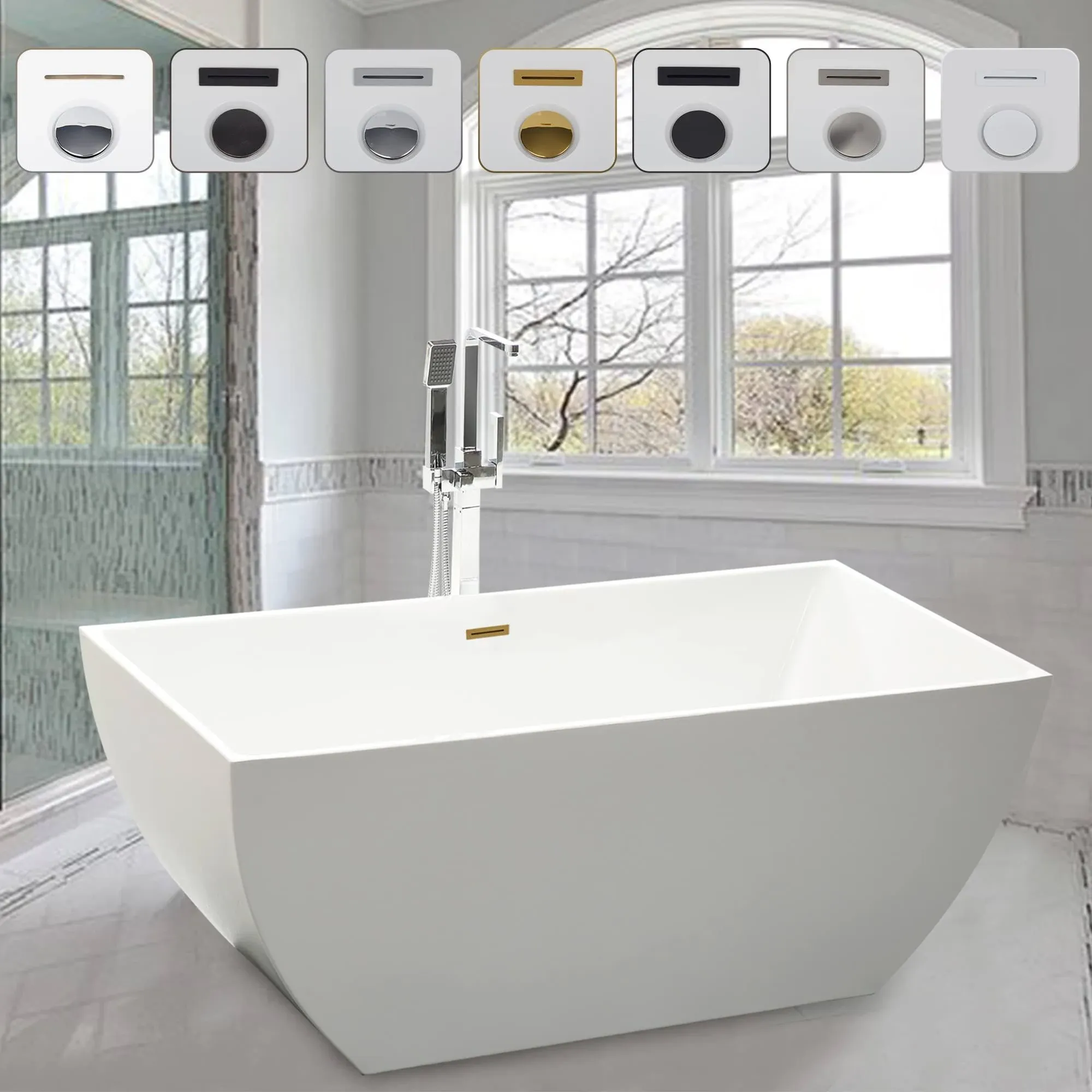 Vanity Art VA6821 59" White Acrylic Freestanding Soaking Bathtub With Titanium Gold Slotted Overflow & Pop-up Drain