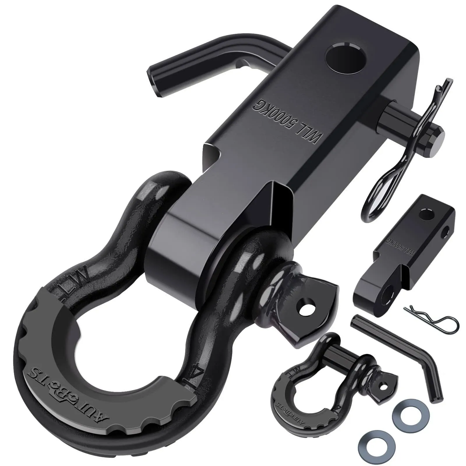 AUTOBOTS Shackle Hitch Receiver 2", 45,000 Lbs Break Strength Heavy Duty Receiver with 5/8" Screw Pin, 3/4" D Ring Shackles, Towing Accessories for Vehicle Recovery Off-Road, Black&Black