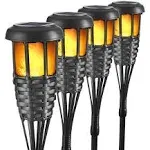 Solar Torch Light with Flickering Flame, 4 Pack Waterproof Bamboo Torches Hand-Woven Rattan Solar Tiki Torches for Outside Patio Yard Garden Lawn (Black-4 Pack)