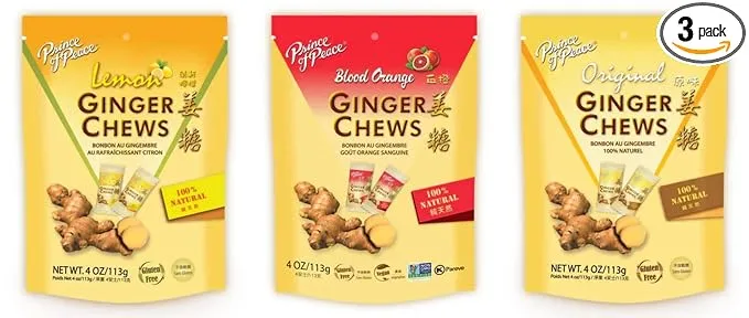 Prince of Peace Ginger Chews 3 Flavor Variety Pack 4oz - Flavors original, Lemon, Blood Orange, 100% Natural, non-GMO, Vegan and Gluten-Free