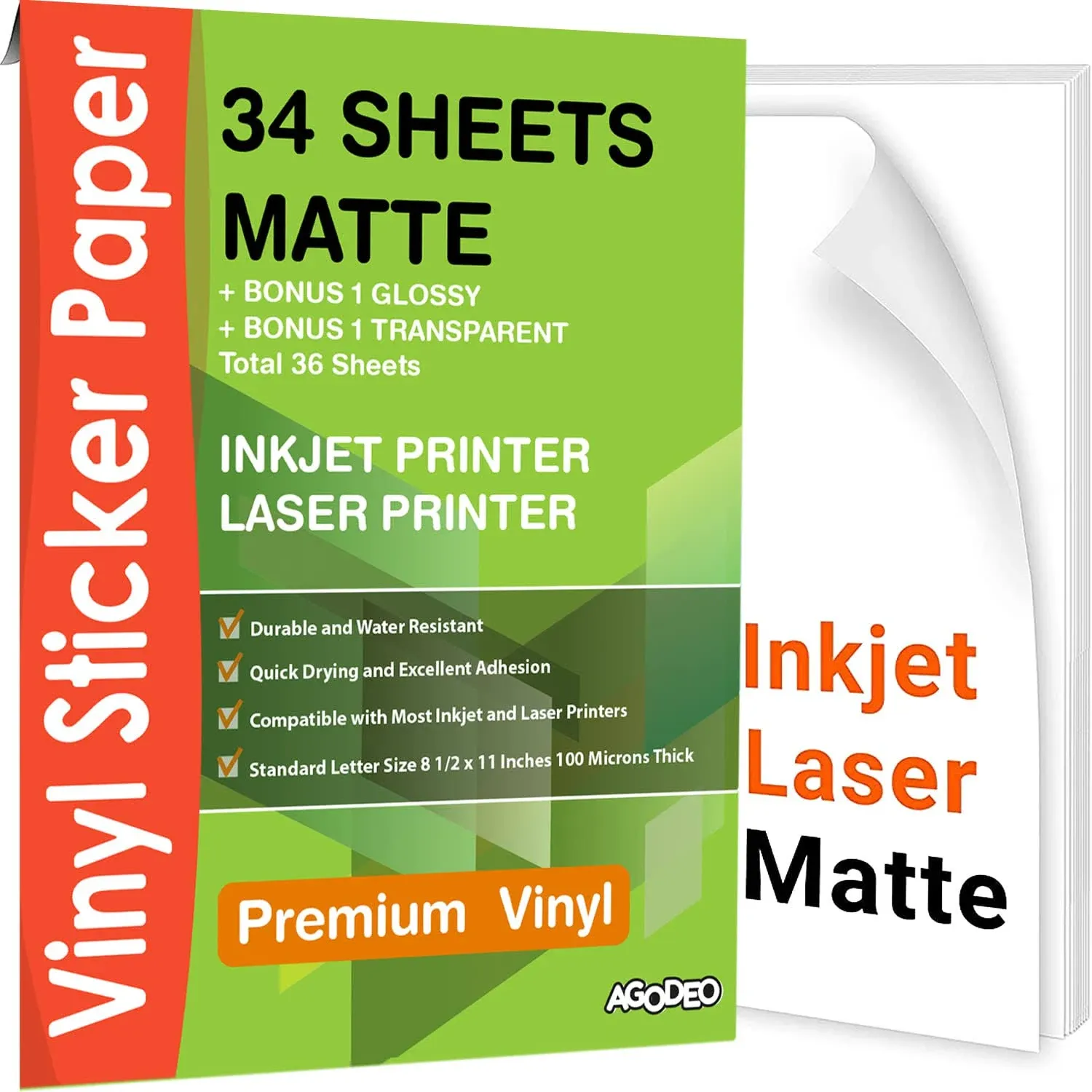 Premium Printable Vinyl Sticker Paper for Inkjet & Laser Printer - 34 Sheets Self-Adhesive Sheets Matte White Waterproof