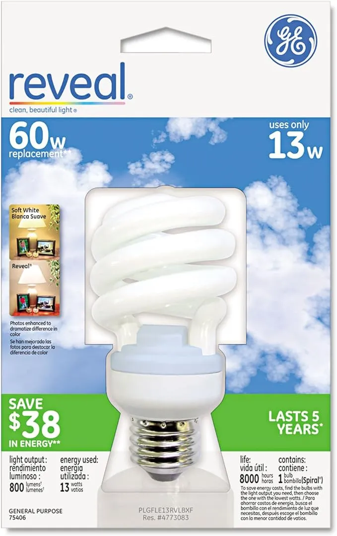 GE Lighting 75406 Reveal Spiral CFL 13-Watt (60-watt replacement) 800-Lumen T3