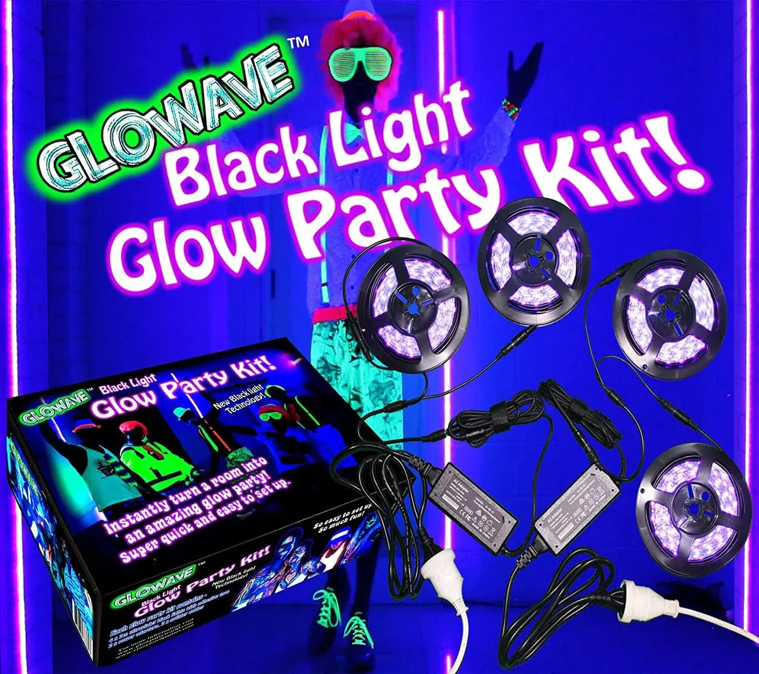 Black Lights for Glow Party! 115W Blacklight LED Strip kit. 4 x UV Lights to surround your Neon Party.