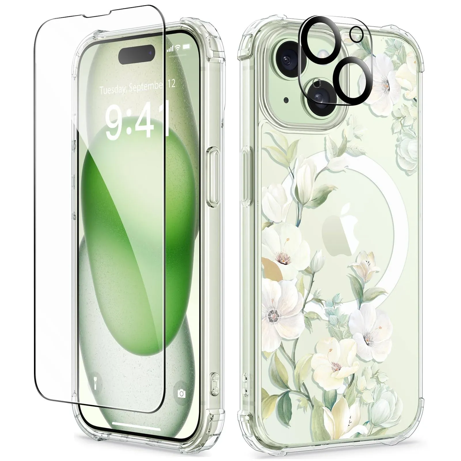 GVIEWIN Designed for iPhone 15 Case 6.1", Compatible with MagSafe, [Screen Protector + Camera Protector] [MIL-Grade Protection] Magnetic Floral Clear Shockproof Women Cover (Magnolia/White)