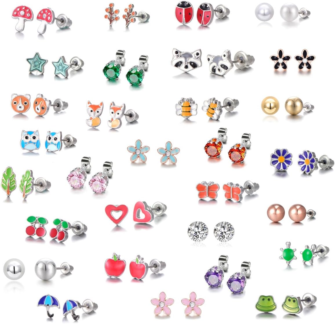 30 Pairs Stainless Steel Mixed Color Cute Animals Fox Heart Star Ladybug Bee