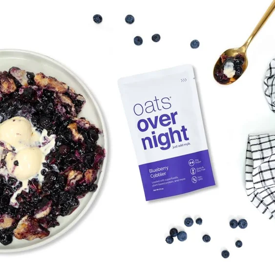 Oats Overnight - Blueberry Cobbler - Vegan, 20g Protein, High Fiber Breakfast Shake - Gluten Free, Non GMO Oatmeal (2.5 oz per meal) (8 Pack + BlenderBottle)