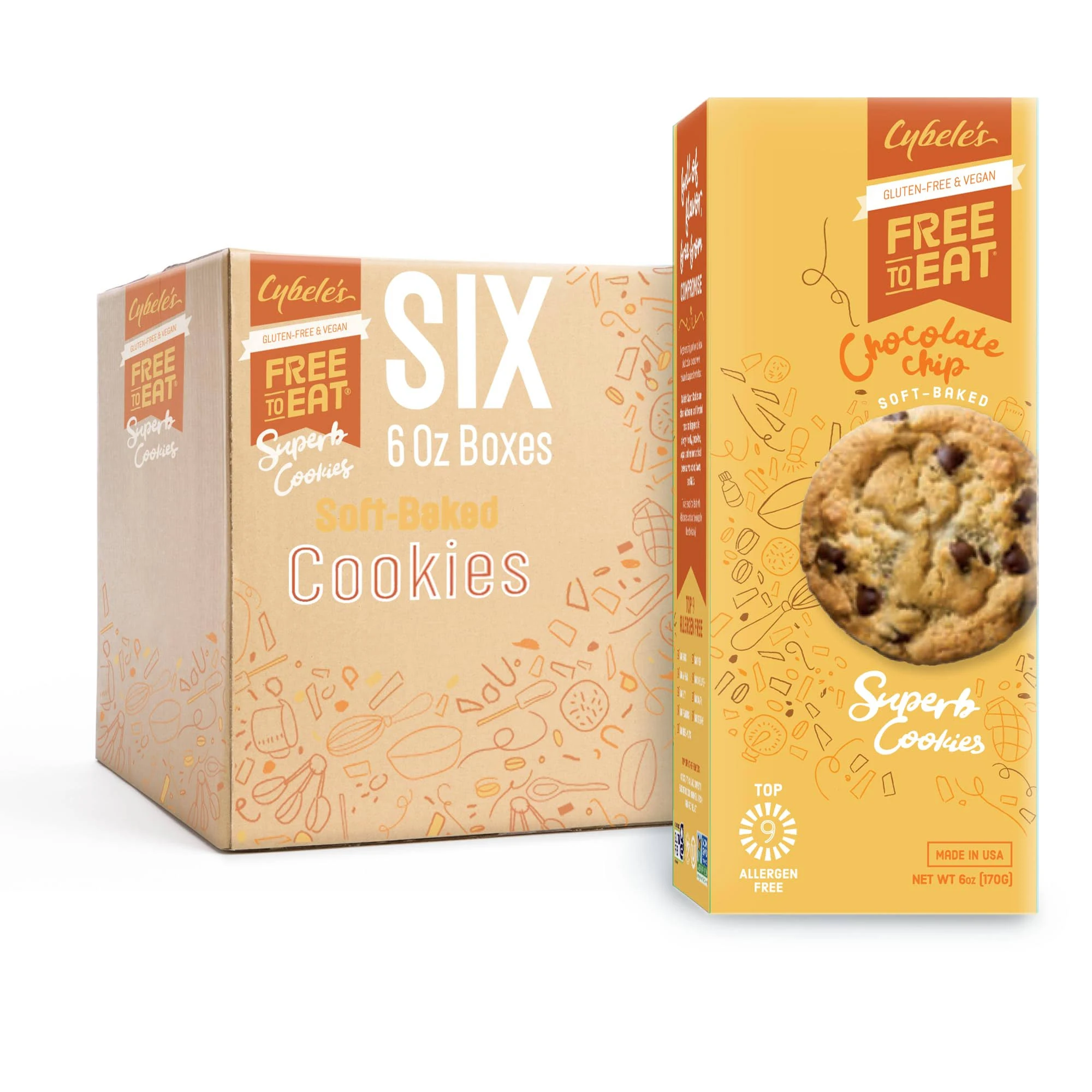 Cybele’s Free To Eat Gluten-Free & Vegan Cookies - Plant-Based, Dairy, Soy, & Nut Free - Soft-Baked School Safe Snack For Kids & Adults - 12 Cookies Per 6 oz Box (Chocolate Chip, Pack of 6)