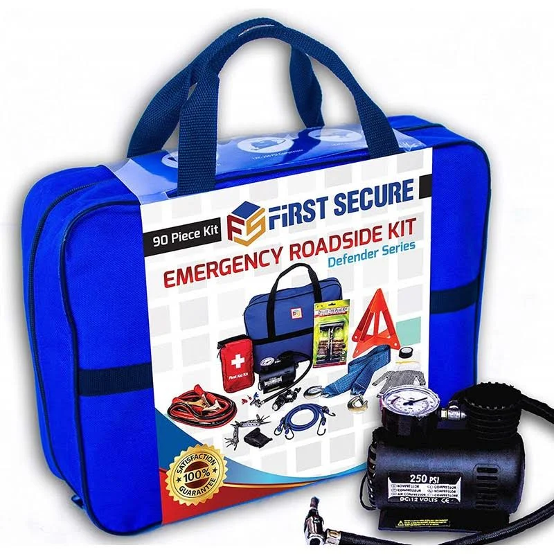 First Secure 90-Piece Roadside Car Emergency Kit with Jumper Cables Portable Air