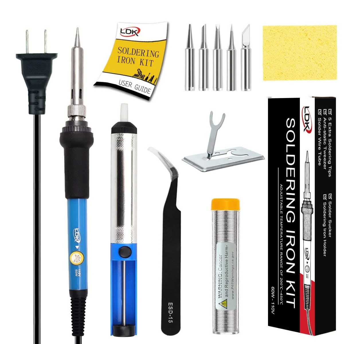 LDK Soldering Iron Kit Electronics, [Upgraded] Full Set 60W 110V Adjustable Temperature Welding Tool with 5pcs Different Tips, Stand, Tweezers, Sponge, Flux Pen, Solder Wire and User Manual