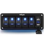 Nilight 5 Gang Rocker Switch Panel with 4.8 Amp Dual USB Charger Voltmeter Waterproof 12V 24V DC Rocker Switch with Night Glow Stickers for Car