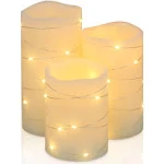 Flickering Flameless Candles Ivory Real Wax Pillar with Embedded String Lights LED Candles Battery Operated with Cycling 5H Timer Set of 3 (3" x 4"/5"/6") (Ivory)