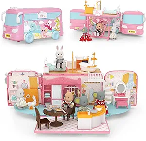 Doll House Toys for Girls - Pretend Play Small Dollhouse Playset with Doll and Furniture Accessories, Foldable Transform Bus Car Toy Vehicle, Birthday Xmas Gift for Kids Toddlers 3 4 5 6 Years Old