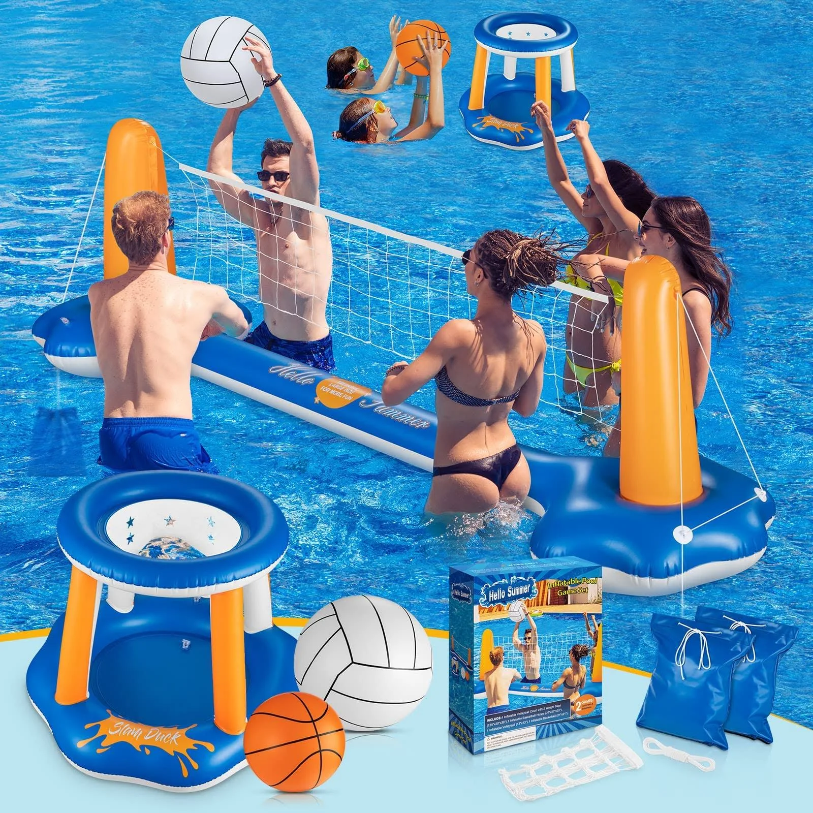 POOL VOLLEYBALL SET Basketball Hoop with 2 Balls Weight Bags KIDSMARKT