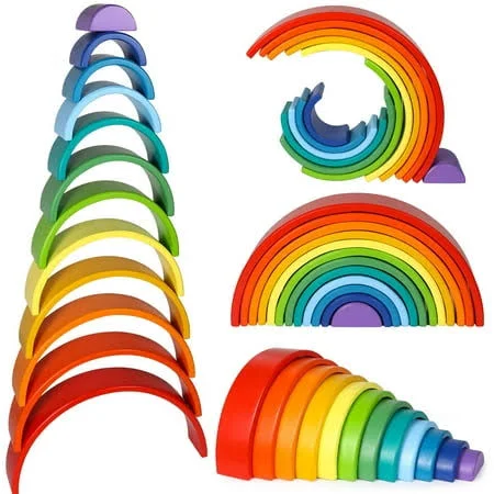 Lewo Extra Large Wooden Rainbow Stacker - 12 Pieces Wooden Building Block Set ...