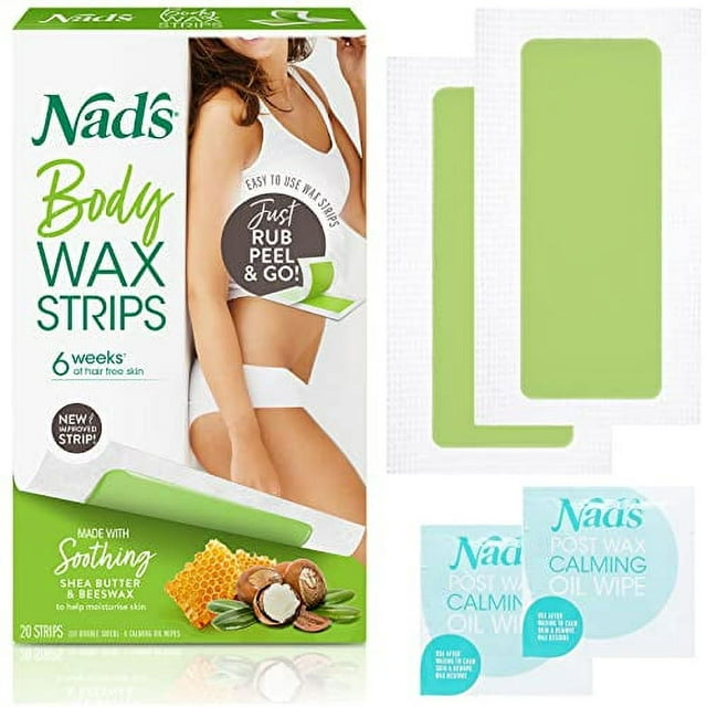 Nad's Body Wax Strips Hair Removal For Women All Skin Types, 20 Waxing Strips + 4 Calming Oil Wipes