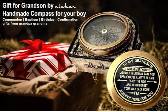 Gift for Grandson Brass Compass Engraved Quote | Memory Present to My Grandson Birthday, Baptism, Graduation, Confirmation, Love, Gift idea by Grandpa Grandma (#1 Grandson - I Love You)Gift for Grandson Brass Compass Engraved Quote |…