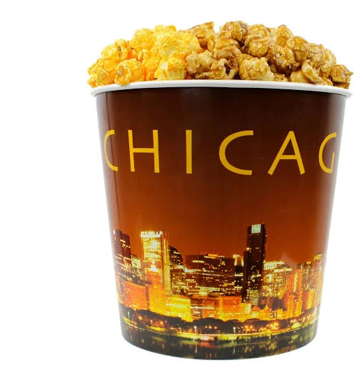 Signature Popcorn, 1-gallon Gold Chicago Skyline Reusable Plastic Bucket Tin, Butter, Caramel and Cheddar Cheese (3-Way Divider), Gourmet Popcorn Snack, Gluten Free