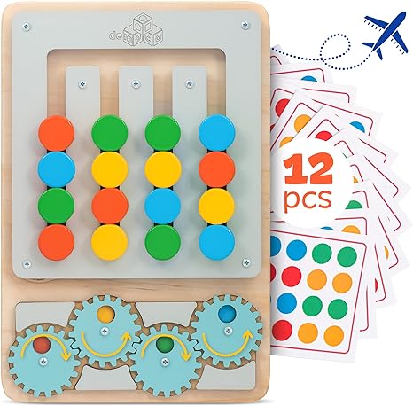 deMoca Color Matching Slide Puzzle Board Game for Kids, Toddlers and Teens Brain Teaser Sorting Busy Board Wooden Puzzle with 12 Cards, Gift for Boys