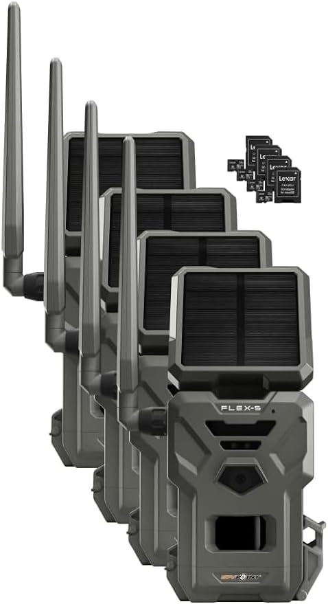 Spypoint Flex-S Solar Cellular Trail Camera 4 Pk Integrated Solar Panel, LTE Connectivity, 100-Foot Flash/Detection Range, Internal Battery + Four