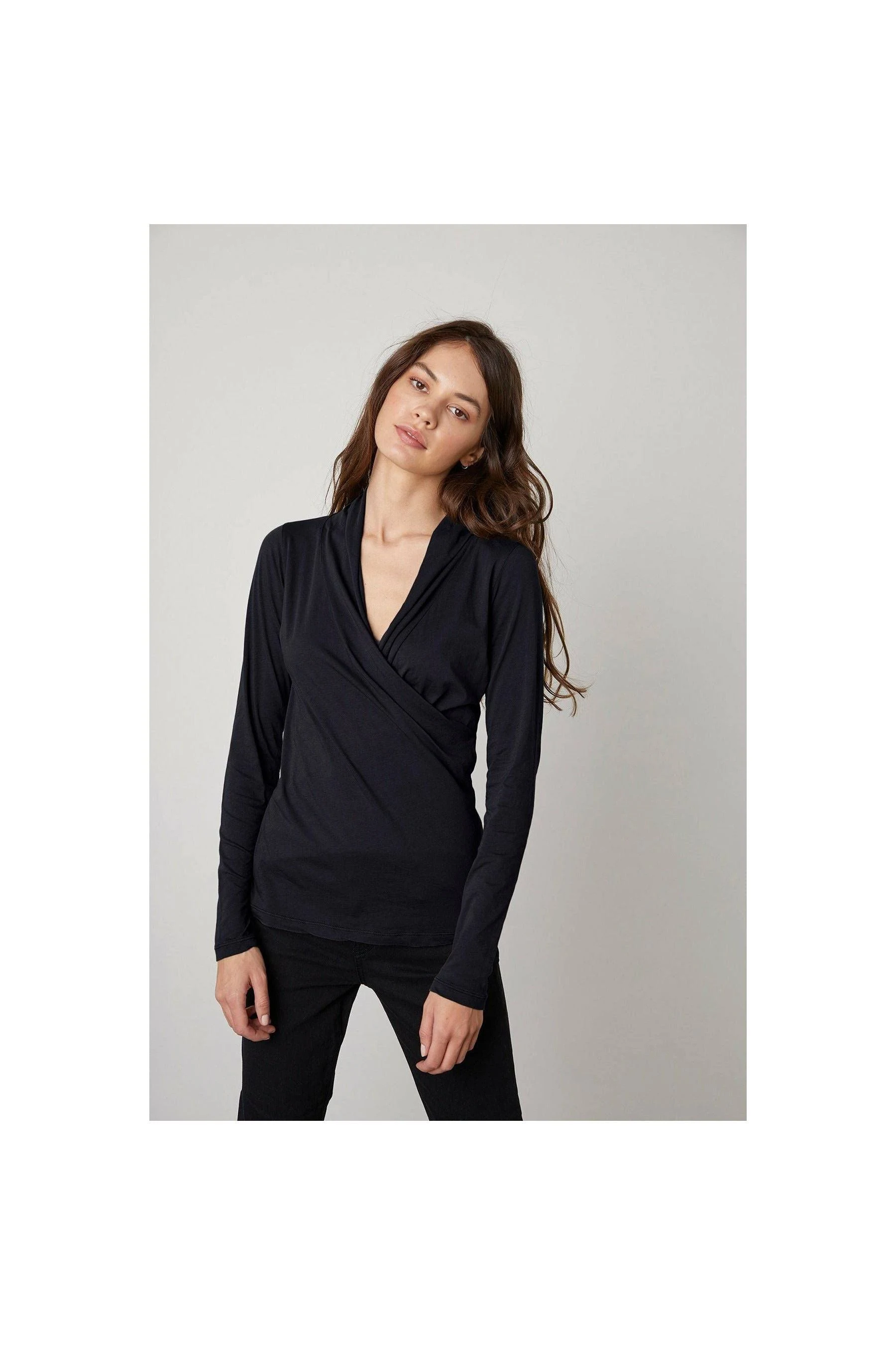 Velvet by Graham & Spencer | Meri Wrap Front Fitted Top | M | Black