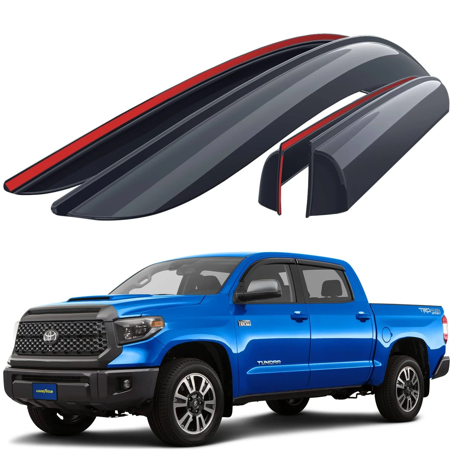 Goodyear Shatterproof Window Deflectors for Toyota Tundra 2007-2021 CrewMax, Tape-on Rain Guards, Window Visors, Vent Deflector Visor, Car Accessories, 4 pcs. - GY008625