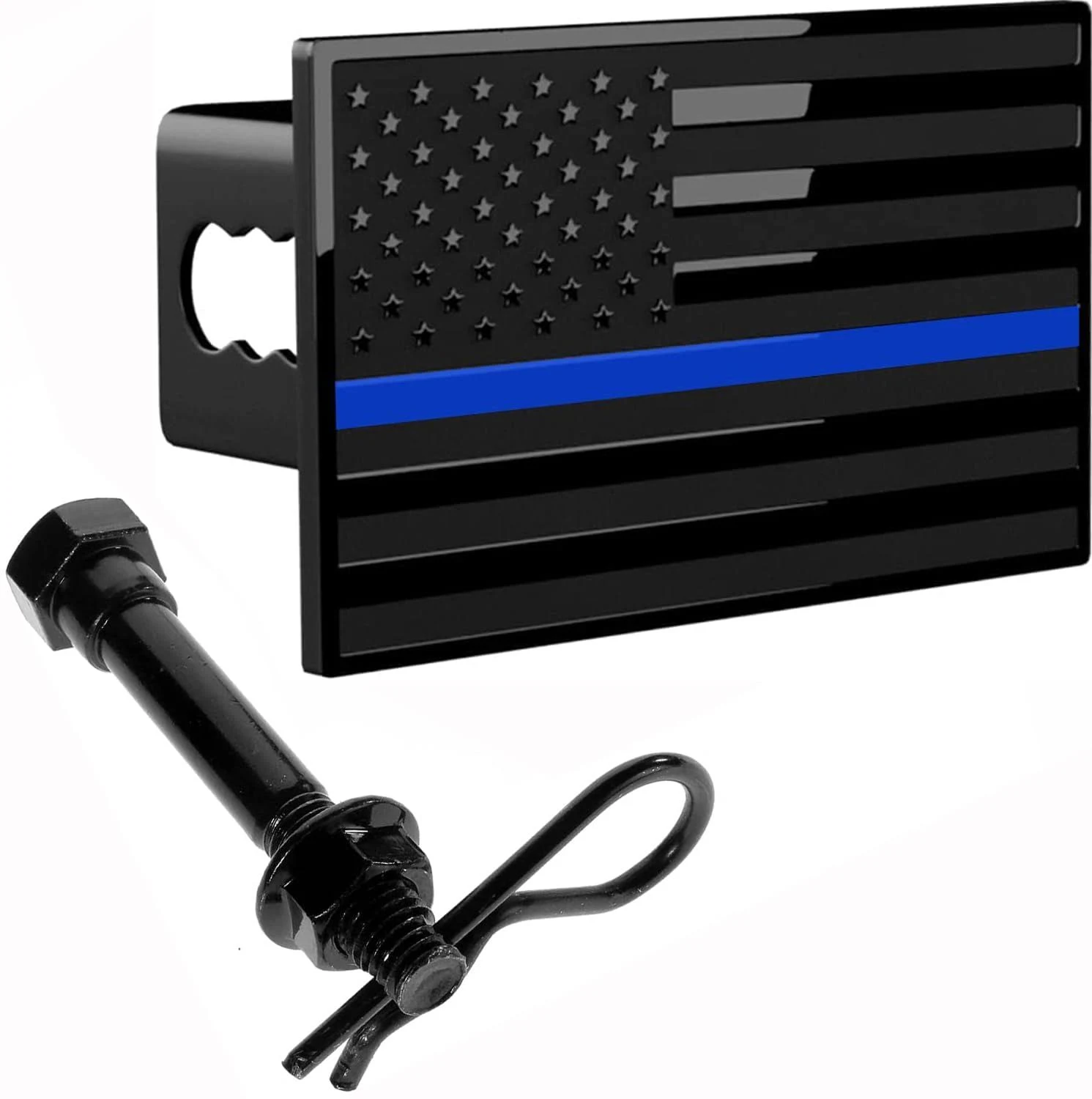 Everhitch US American Flag Chrome Emblem Trailer Metal Hitch Cover Fits 2" Receivers Black & Black with Thin Blue Line