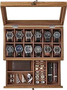 SONGMICS 12-Slot Watch Box, 2-Tier Watch Display Case with Large Glass Lid, Removable Watch Pillows, Velvet Lining, Jewelry Box, Gift Idea, Rustic