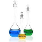 Premium Volumetric Flask Set - 50ml, 100ml & 250ml - Class A, ASTM E288 - Superior Durability & Chemical Resistance - Glass Penny Stoppers - Borosilicate 3.3 Glass - Eisco Labs