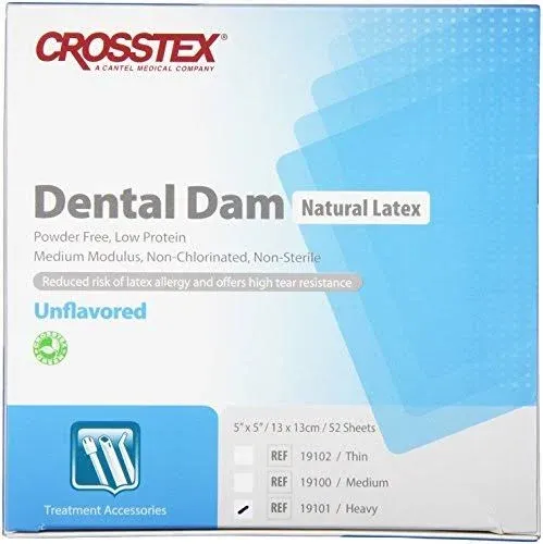 Crosstex 19301 Dental Dam, Latex, Unflavored, Heavy Gauge, 6" x 6" Size, Blue (Pack of 36)