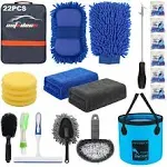 AUTODECO 22pcs Car Wash Cleaning Tools Kit Car Detailing Set with Blue Canvas Bag Collapsible Bucket Wash Mitt Sponge Towels Tire Brush Window