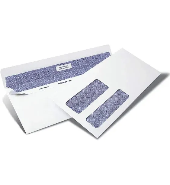 Office Depot® Brand #10 Lift & Press™ Premium Security Envelopes, Double-Window, Self Seal, 100% Recycled, White, Box Of 500