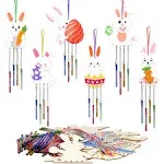 Fennoral 12 Pack Bunny Wind Chime Kit for Kids Make You Own Easter Rabbit Wind Chimes DIY Coloring Wooden Easter Craft for Girls Boys for Easter