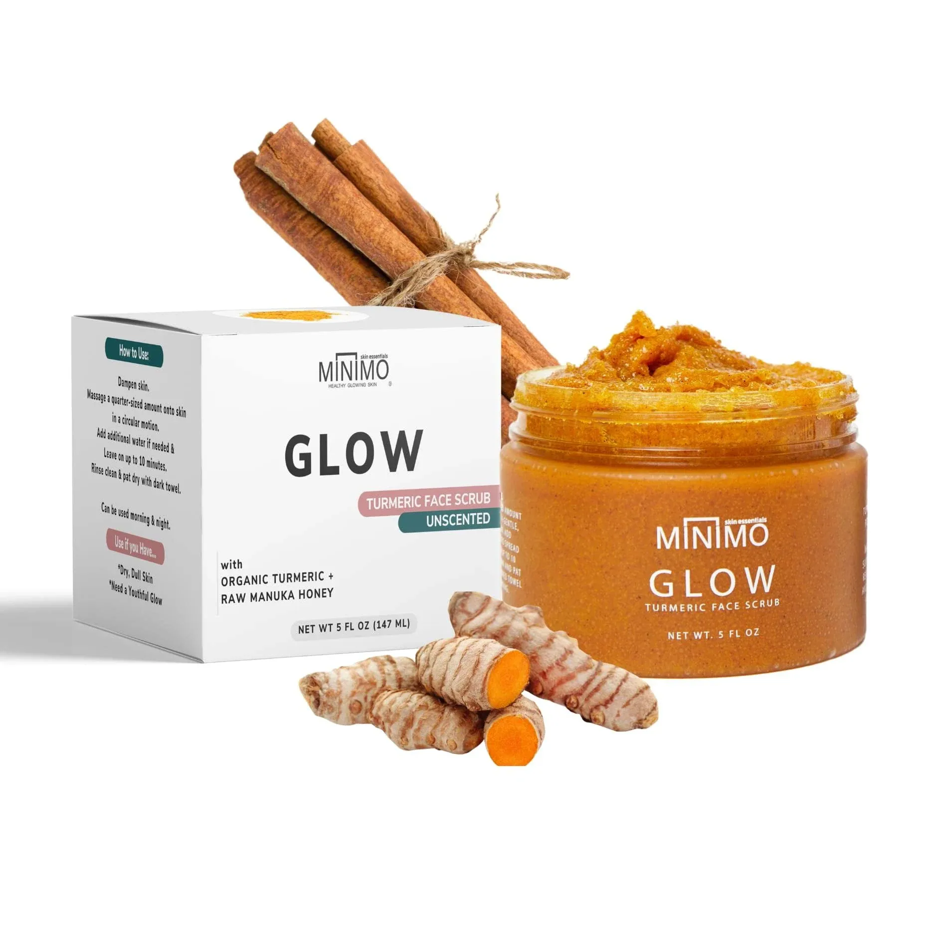 Minimo Glow Turmeric Face Scrub (Unscented) - Infused with Turmeric, Manuka Honey, Cinnamon, and Chamomile - Face Scrubber for All Skin Types - 5 fl