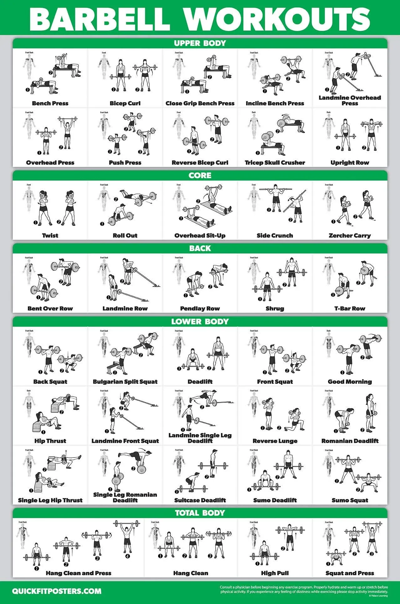 QUICKFIT Barbell Workout Exercise Poster - (Laminated, 18in x 24in) for Kids Room