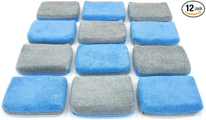 [Saver Applicator Terry] Microfiber Ceramic Coating Applicator Sponge with Plastic Barrier - 12 pack (Blue/Gray, Thin)